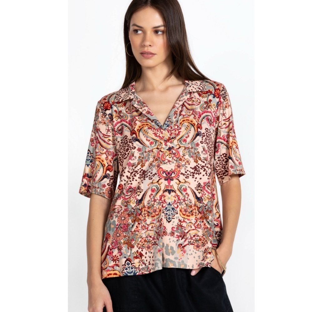 Johnny Was Jungle paisley polo Multicolor Floral Blouse size medium